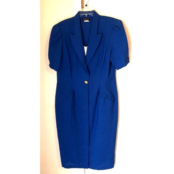 Breli II  Womens Coat Shift Dress Blue Midi Notch Lapel Short Sleeve VTG USA 16 - Picture 1 of 7